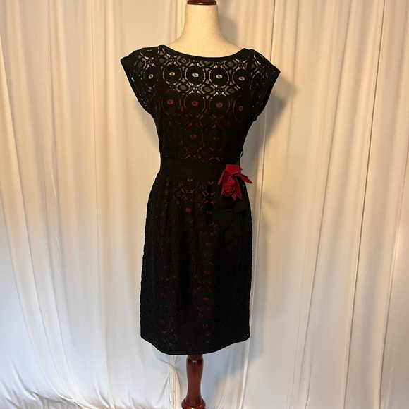 Nanette Lepore Black Lace Midi Dress with Burgundy Red Slip Underneath - Picture 1 of 5
